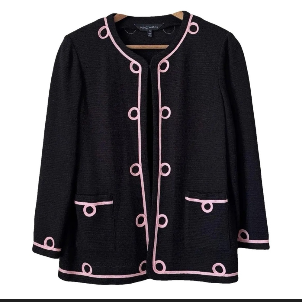 Ming wang pink black knit blazer ribbon bow appliqué M $248 rare spring classic